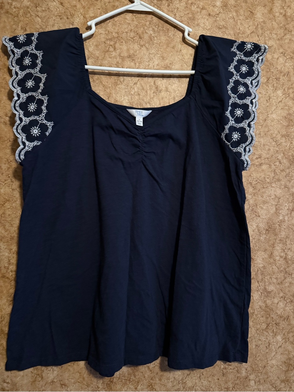 Time and Tru Navy Tank Top with White Embroidered Flutter Sleeves